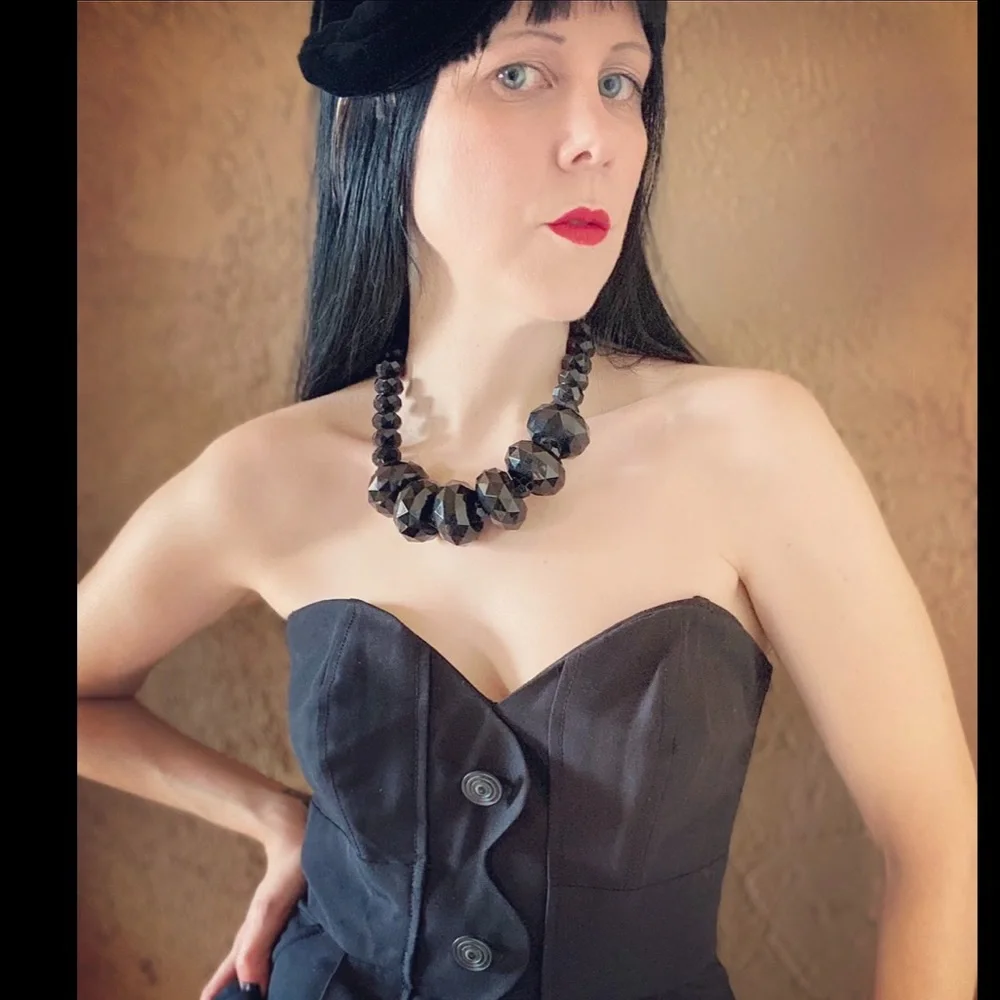 🖤 VTG LYDELL NYC Huge Jet Black Beaded Statement Necklace